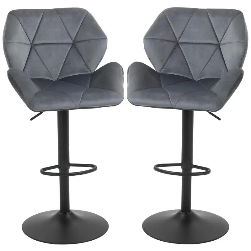 Set of 2 Height-Adjustable Padded Velvet Bar Stools, Swivel Kitchen Stools with Backrest and Footrest, Grey