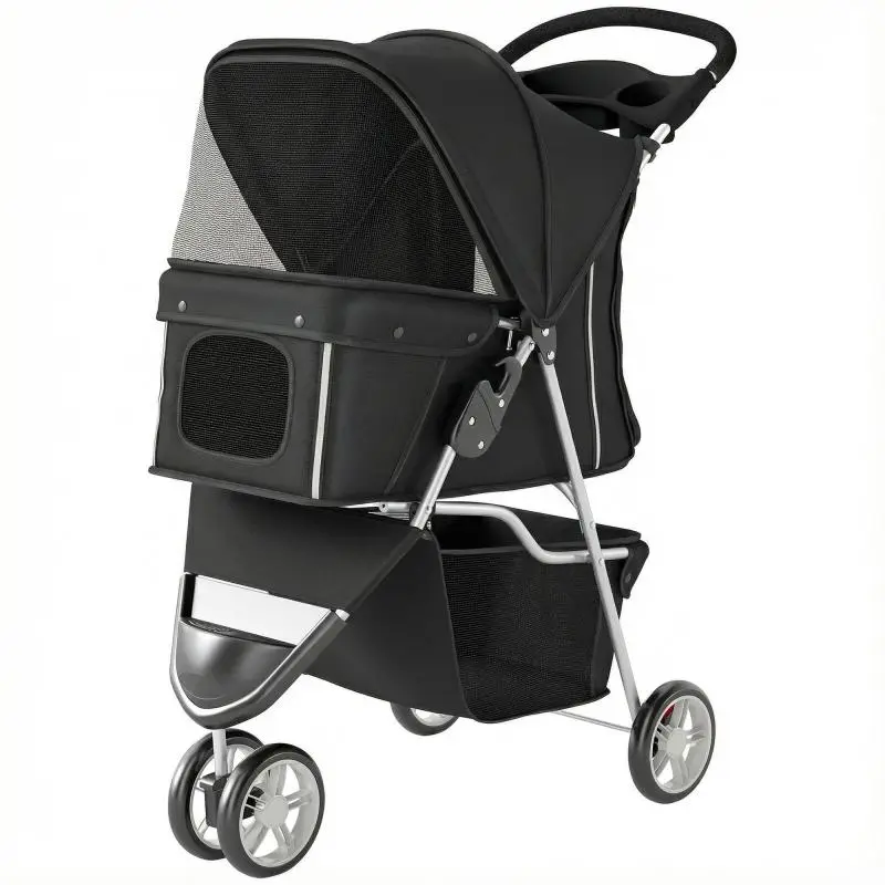 Foldable Dog Stroller with Cup Holder and Basket