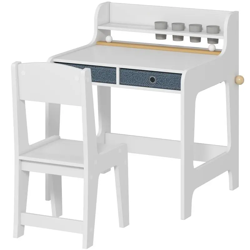 Wooden Kids Desk and Chair Set with Shelf and Drawers
