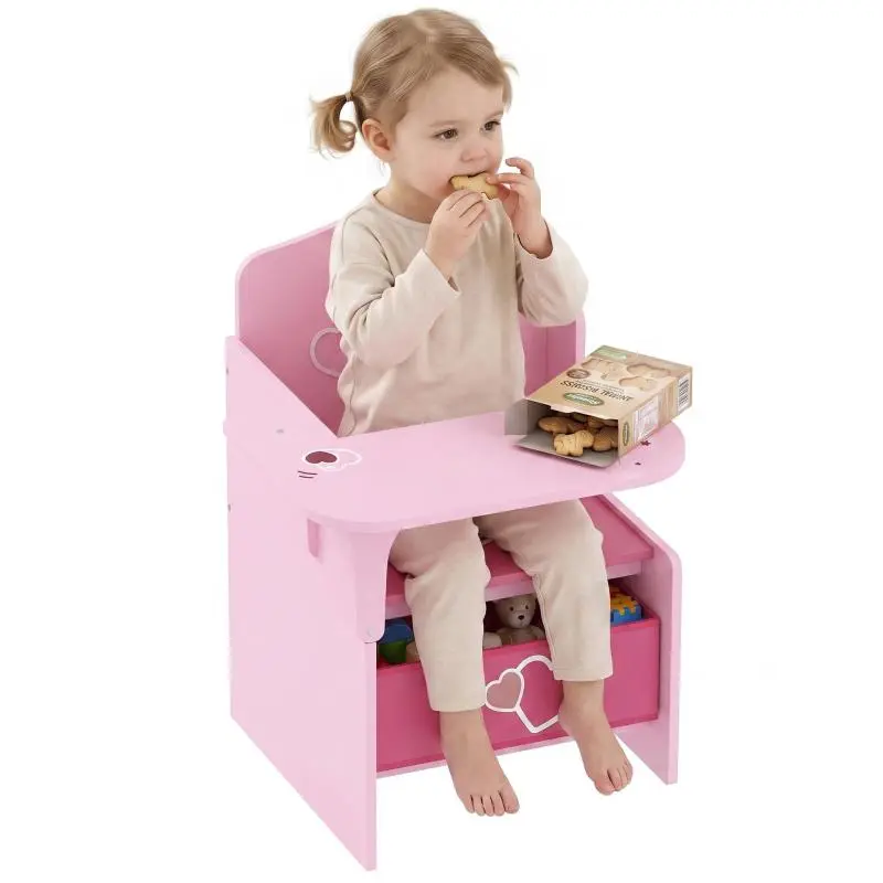 MDF Wooden Table and Chair Set for Children Aged 3–5 with Heart Motifs and Built-in Storage – Pink