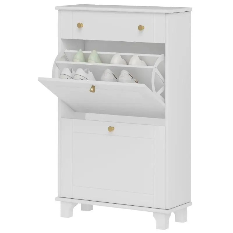 Slim Shoe Cabinet with 2 Drop-Down Doors, White