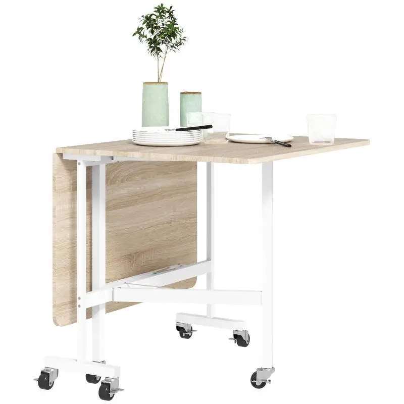 Folding Dining Table with Wheels, Oak and White
