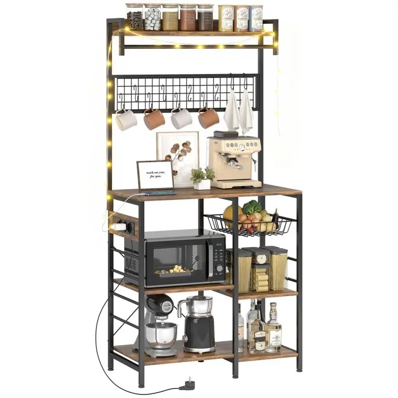 Kitchen Shelf with Power Outlets and LED, Rustic Brown