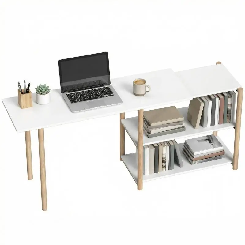 Foldable Computer Desk, Space-Saving Desk with Shelves and Bamboo Frame