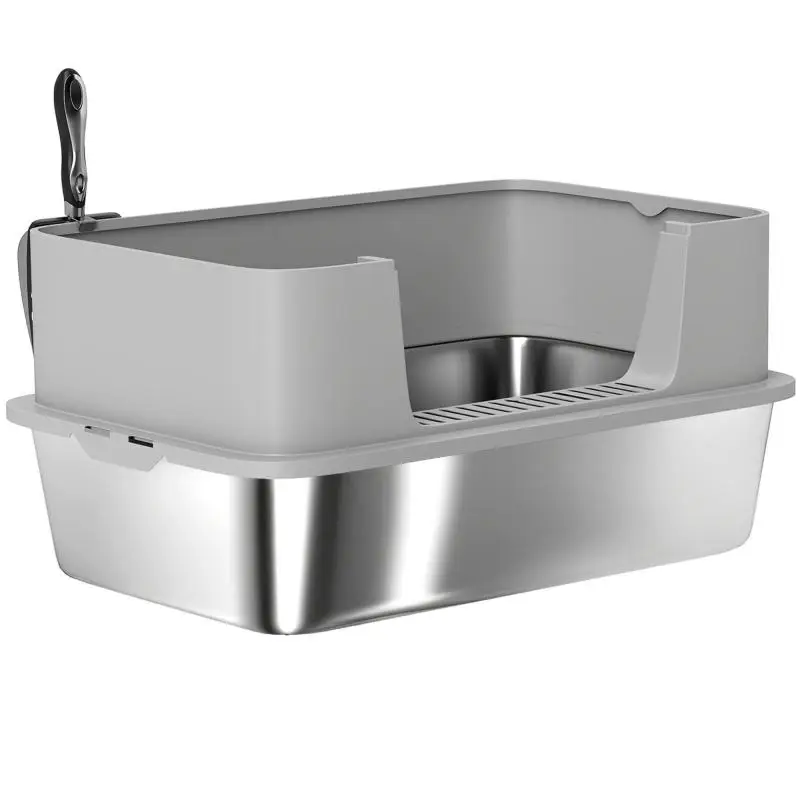 XL Stainless Steel Cat Litter Box with Scoop, Grey