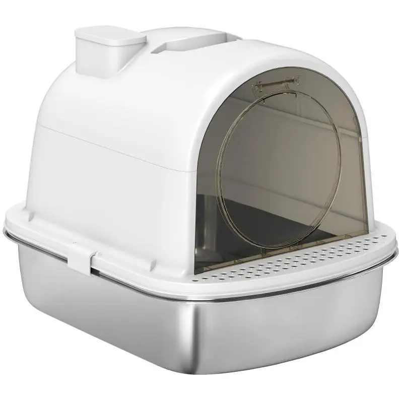 Enclosed Stainless Steel Cat Litter Box, White