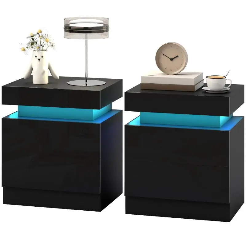 Set of 2 Bedside Tables with LED Lighting, 45 cm, Black
