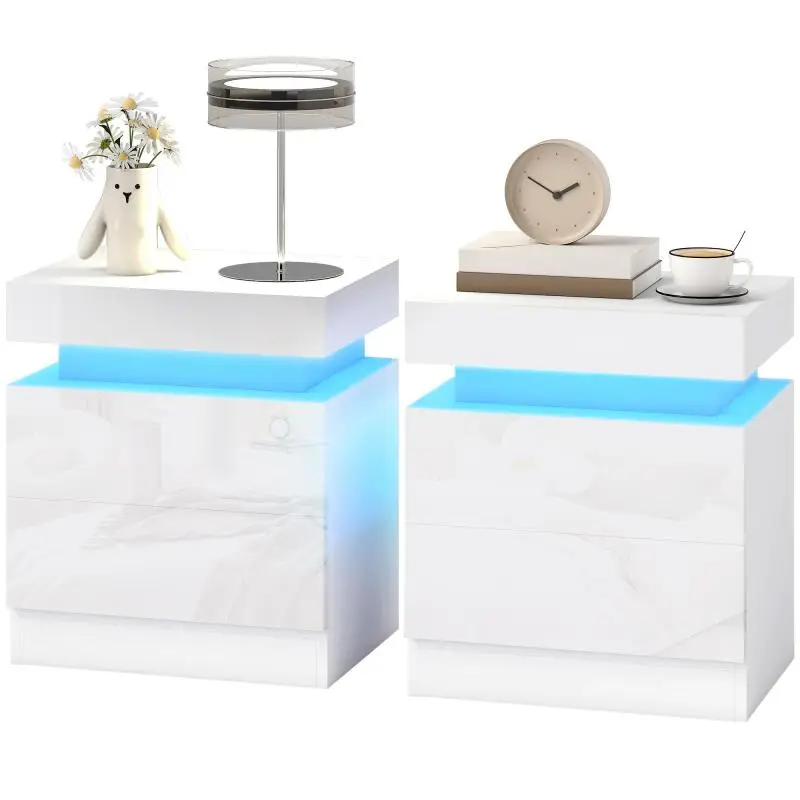 Set of 2 Bedside Tables with LED Lighting, 45 cm, Gloss White