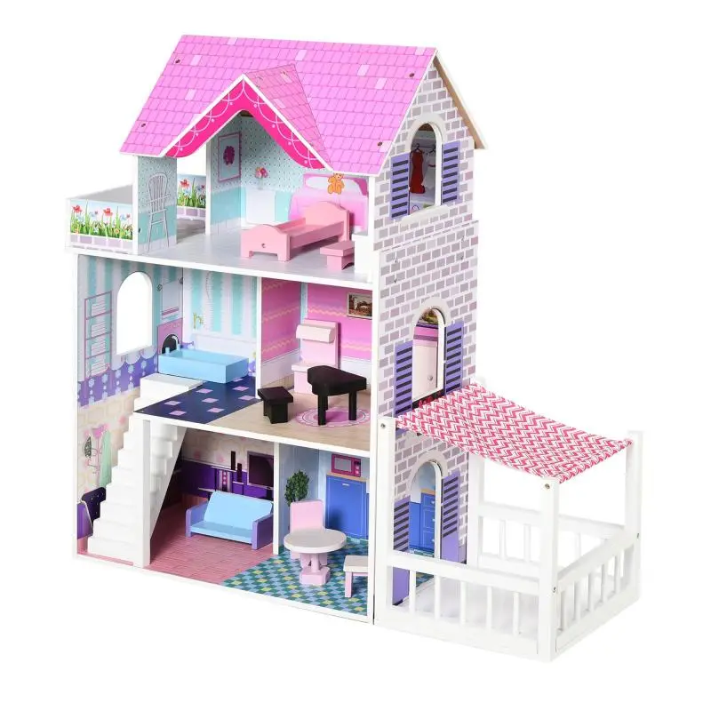Wooden Dollhouse, 3-Storey, with 13 Accessories