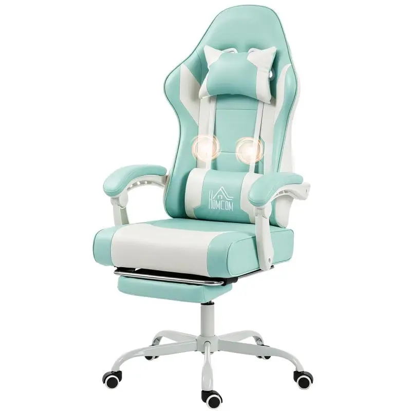 Gaming Chair with Footrest and Lumbar Massage, Light Blue