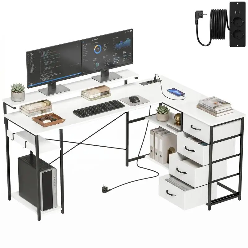 Reversible L-Shaped Desk with 4 Drawers, 2 Outlets and 2 USB Ports