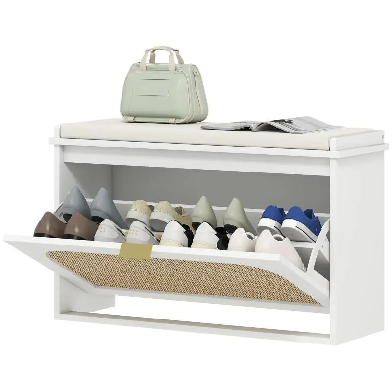 Shoe Bench with Rattan Door and Adjustable Shelf