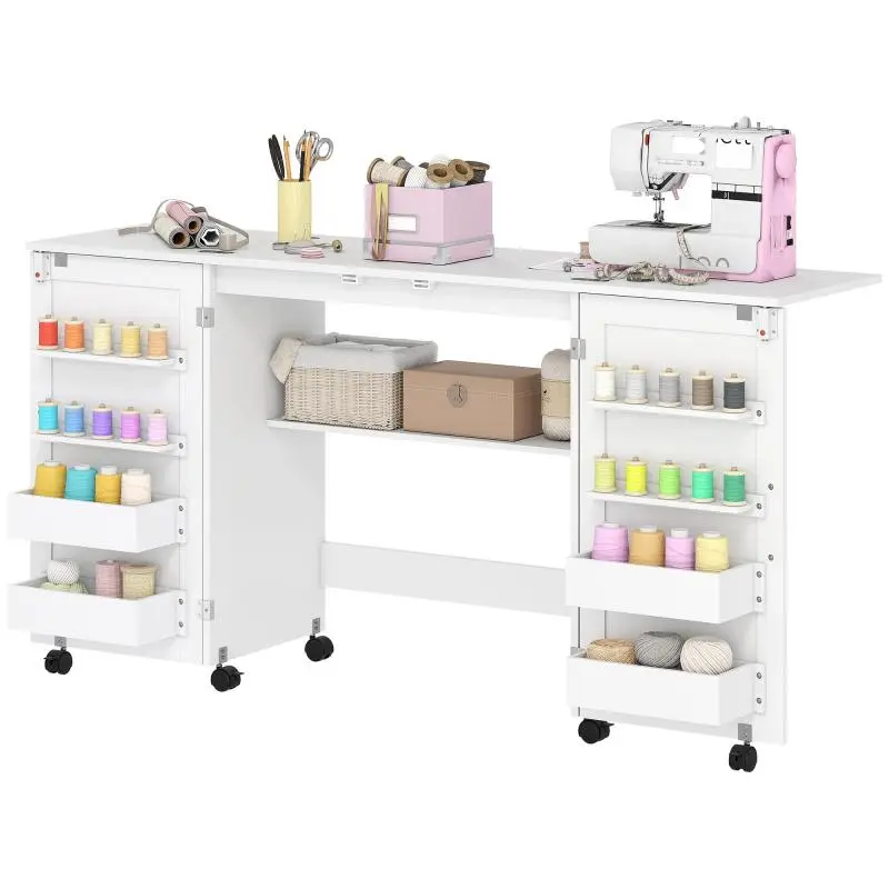 Foldable Sewing Table with Storage and Castors, White