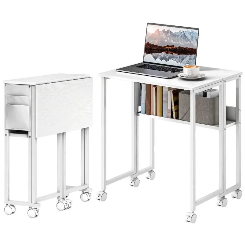 Foldable Desk with Shelf and Castors, White