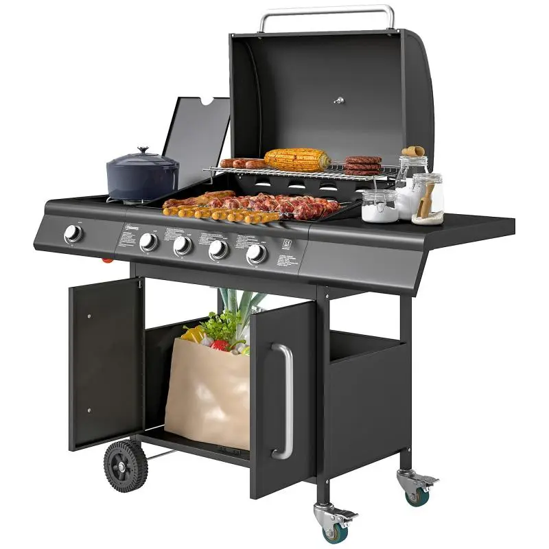 Gas Grill Cart with 5 Burners and Side Burner