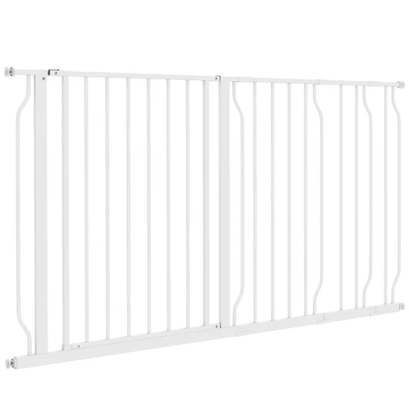 Dog safety gate, adjustable length 75–145 cm, no-drill installation, steel frame, white