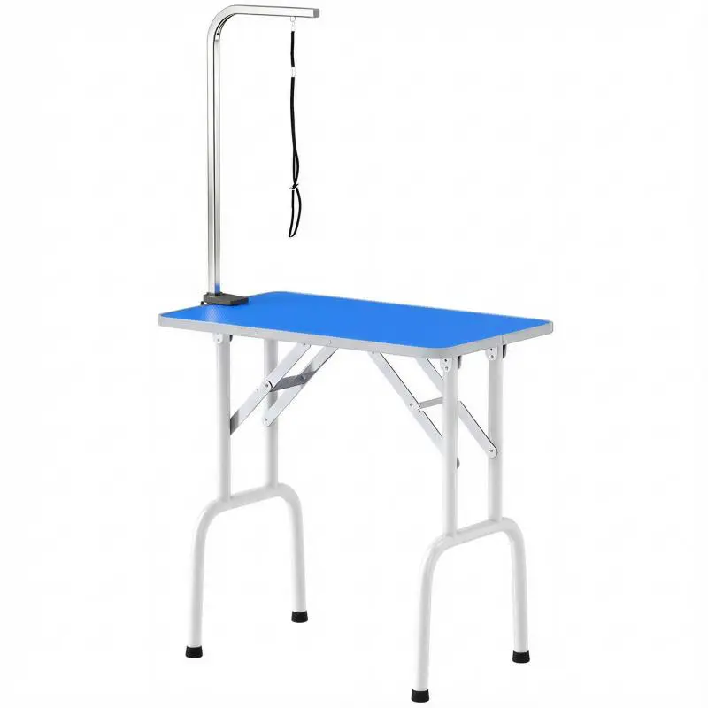 Foldable Dog Grooming Table with Arm and Rubber Mat, Blue