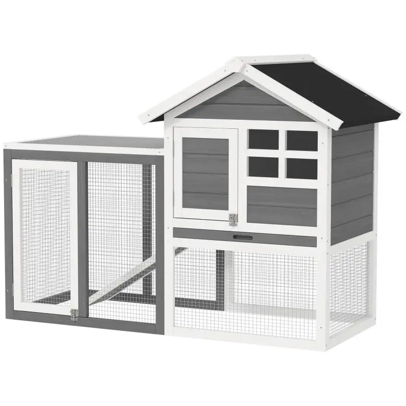 Two-Tier Wooden Rabbit Hutch, Grey and White