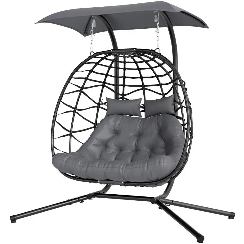 Two-Person Hanging Basket Chair with Canopy, Dark Grey