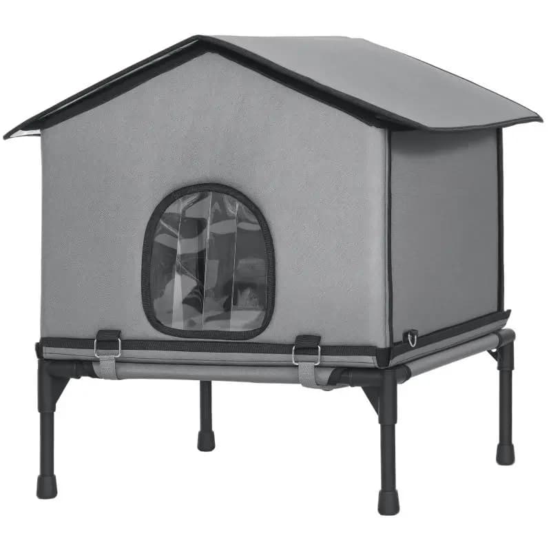 Foldable Raised Cat House with Cushion, Grey