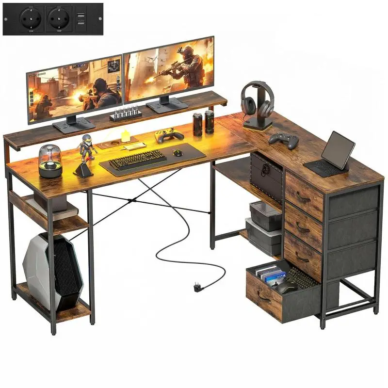 L-Shaped Gaming Desk with 4 Drawers