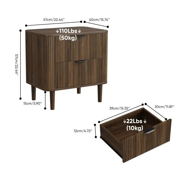 Bedside Table with 2 Drawers, Walnut Finish