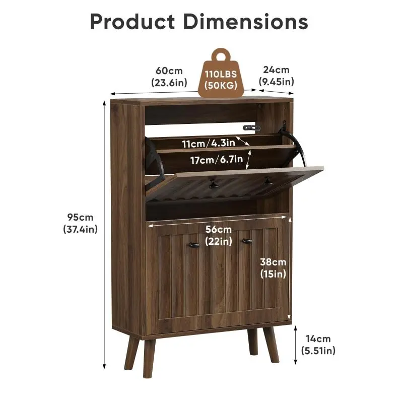 60 cm high, walnut-colored shoe cabinet—an upright shoe storage unit featuring a vertically grooved surface and mid-century style, suitable for hallways, passageways, and entryways.