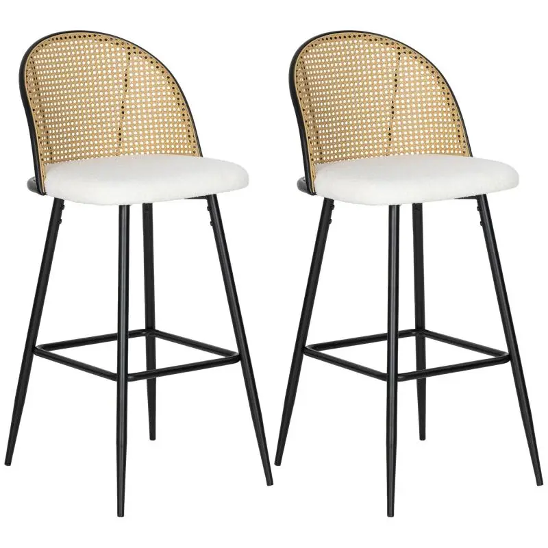 Set of 2 Bar Stools with Rattan Backrest