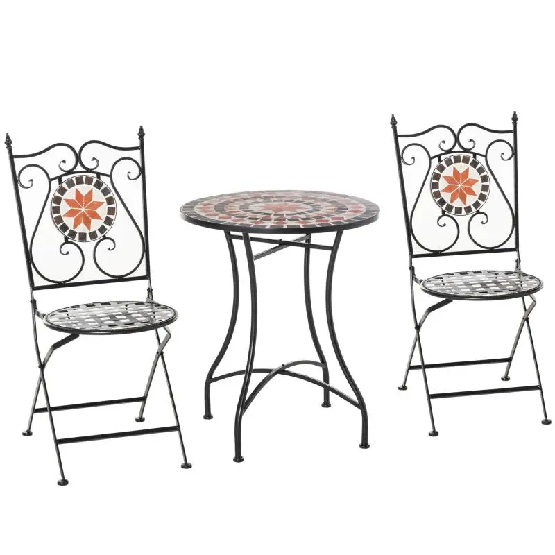 Garden/Balcony Furniture Set for 2 People: Mosaic Table & 2 Folding Metal Chairs (Multicolor)
