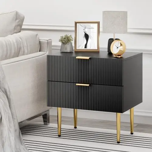 Black Nightstand with 2 Drawers and Grooved Front