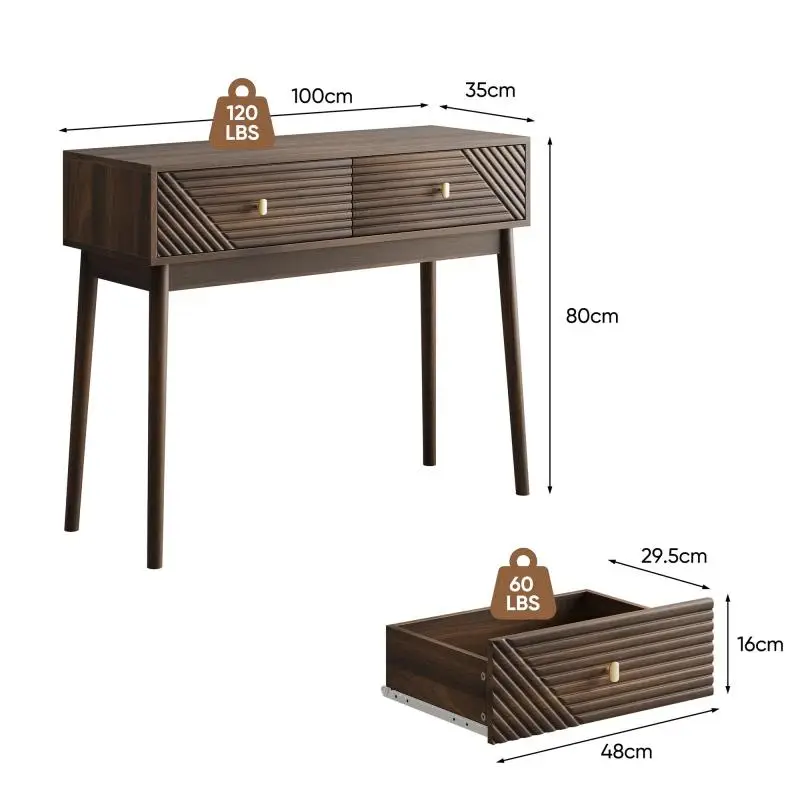 Console Table with 2 Drawers, Walnut Finish