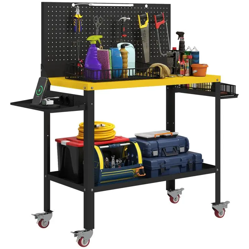 Workbench with Wheels and Power Outlets, 128 cm