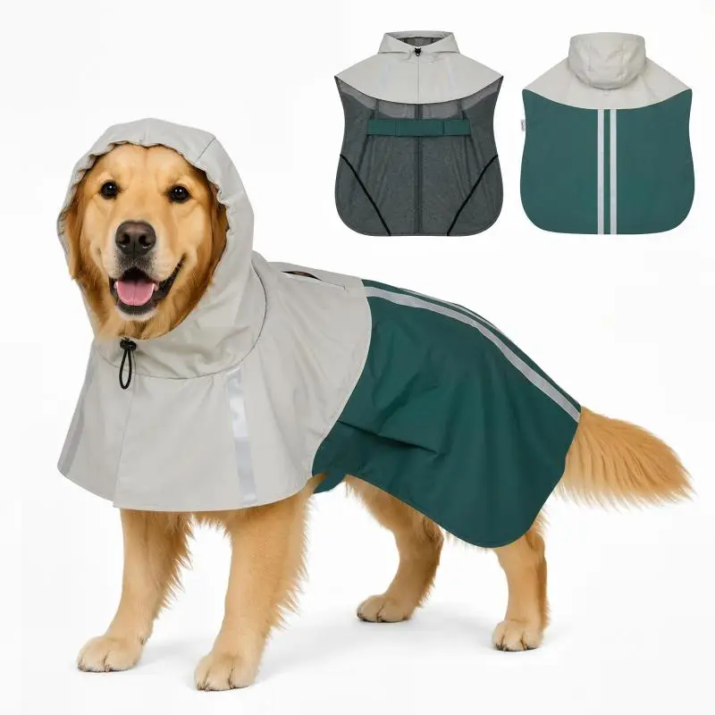 Breathable Hooded Dog Raincoat (20–30 kg, Size L, Green)