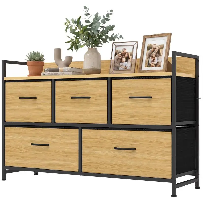 Fabric Chest of Drawers with 5 Drawers, Oak