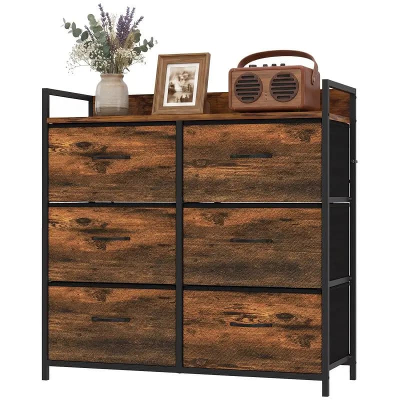 Fabric Chest of Drawers with 6 Drawers, Rustic Brown