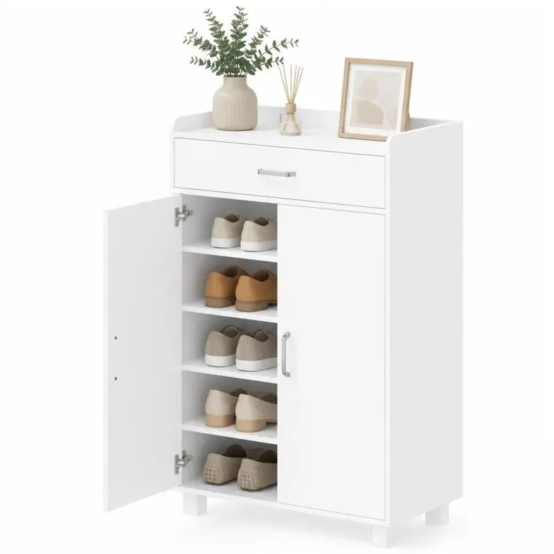 Shoe Cabinet with 1 Drawer and 5 Shelves, White