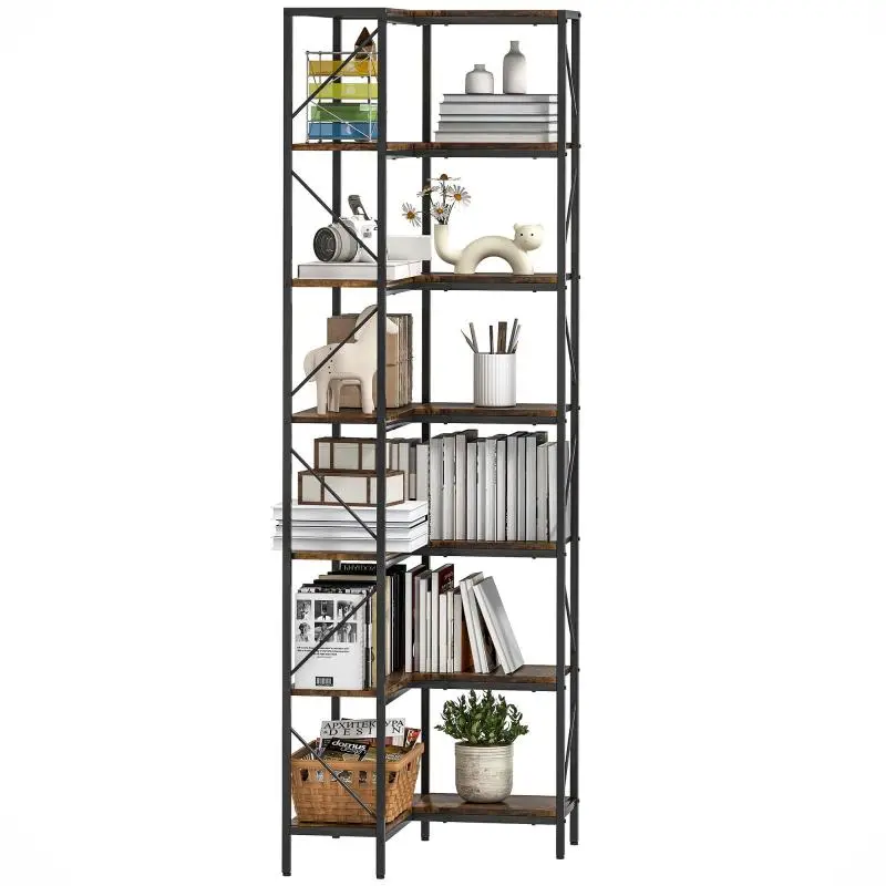 L-Shaped 7-Tier Corner Shelf, Rustic Brown