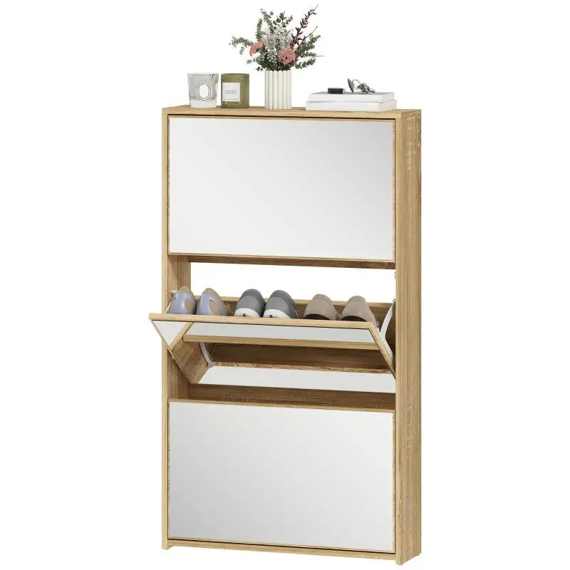 Mirrored Shoe Cabinet with 3 Tilt-Out Drawers