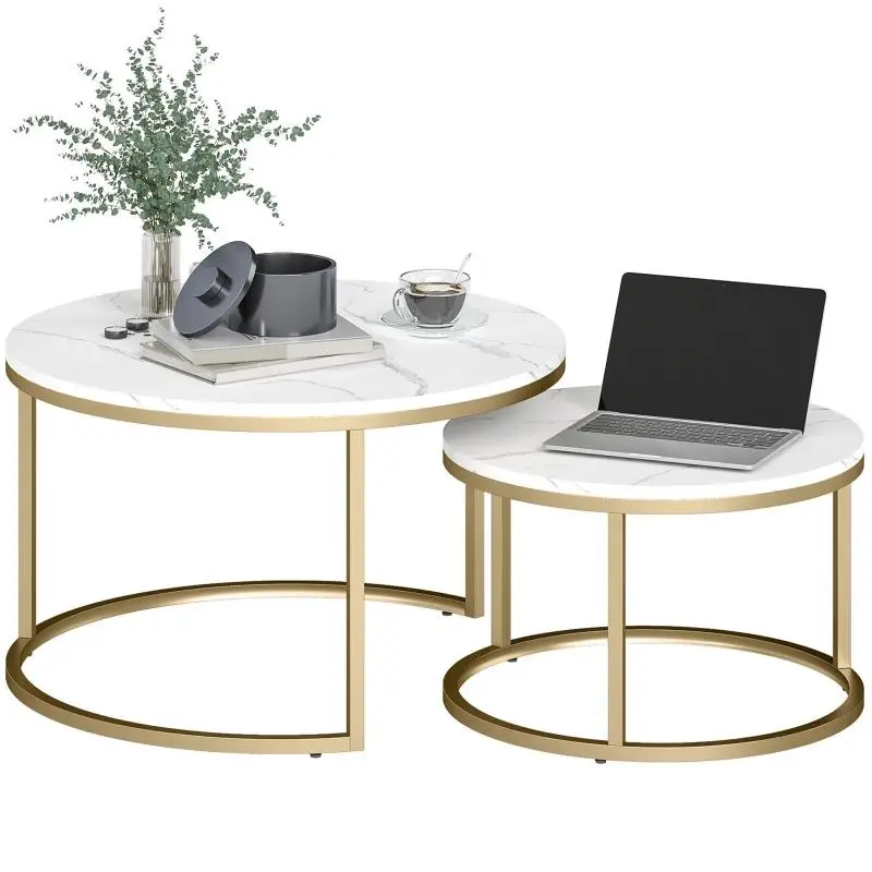Set of 2 Round Nesting Coffee Tables, Marble Effect