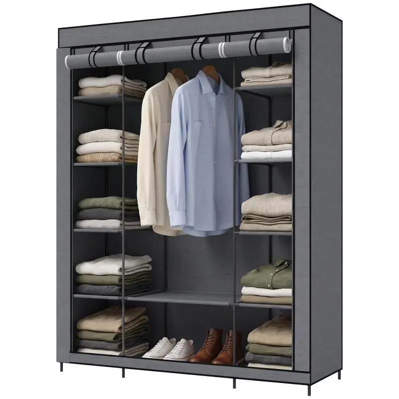 Fabric Wardrobe with Hanging Rail and 11 Shelves, Grey