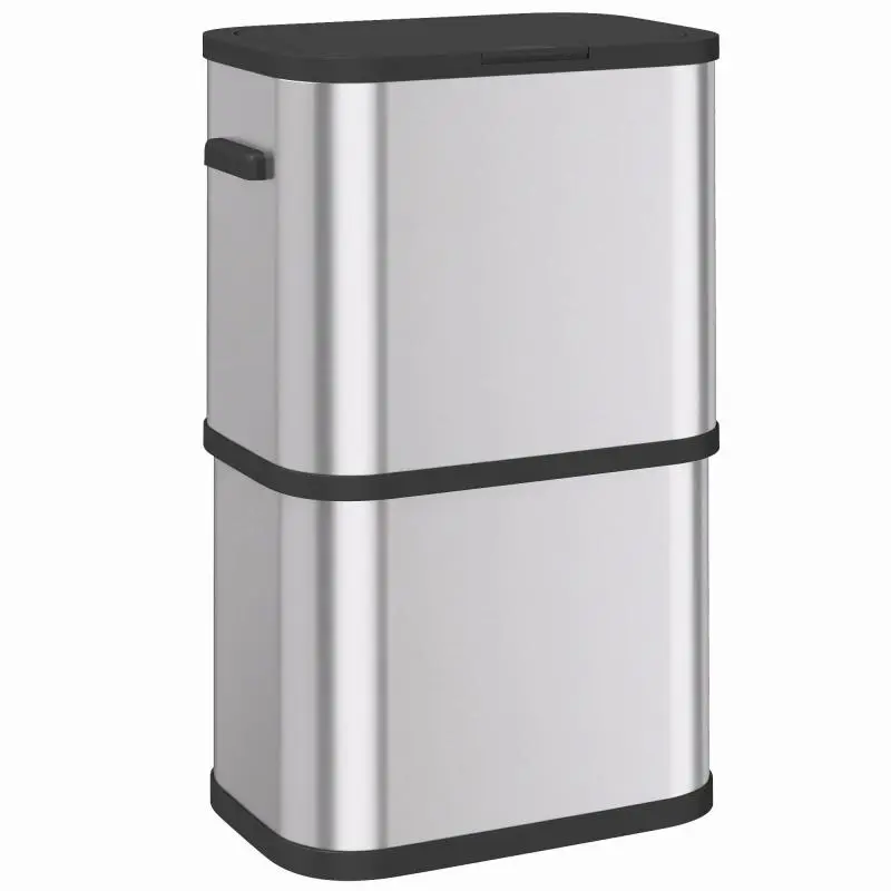 60L Rectangular Stainless Steel Trash Can with Lid, Soft-Close, Bag Holder, Silver