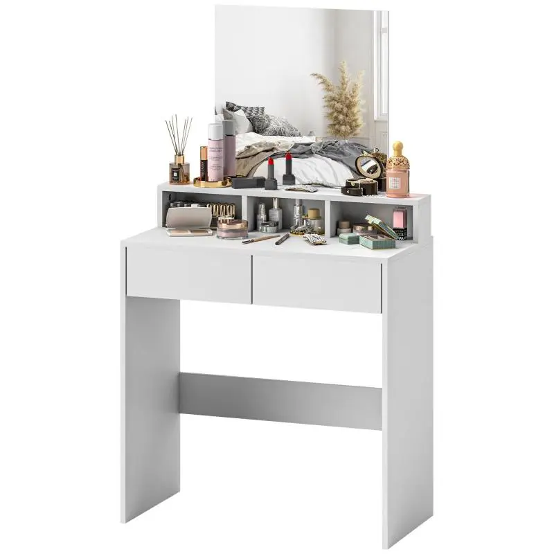Makeup Station with Mirror, Makeup Vanity with 2 Drawers and 3 Compartments, Space-Saving, for Bedroom, White