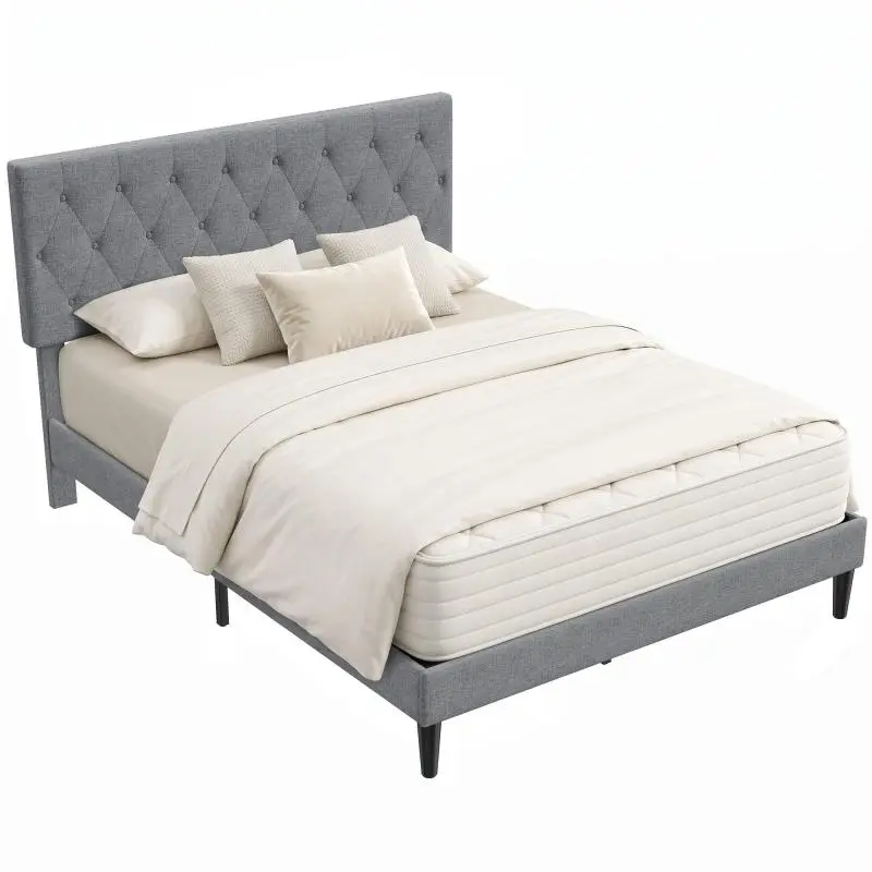 Upholstered Double Bed Frame with Tufted Headboard, Grey