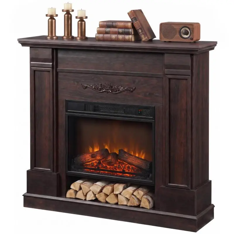 Electric Fireplace with Mantel and Shelf, Brown