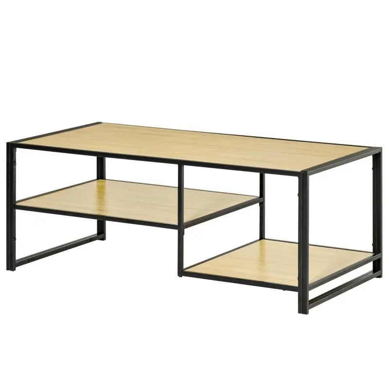 Industrial-Style 3-Tier Coffee Table, Low Living Room Table in Wood and Steel, Oak Finish
