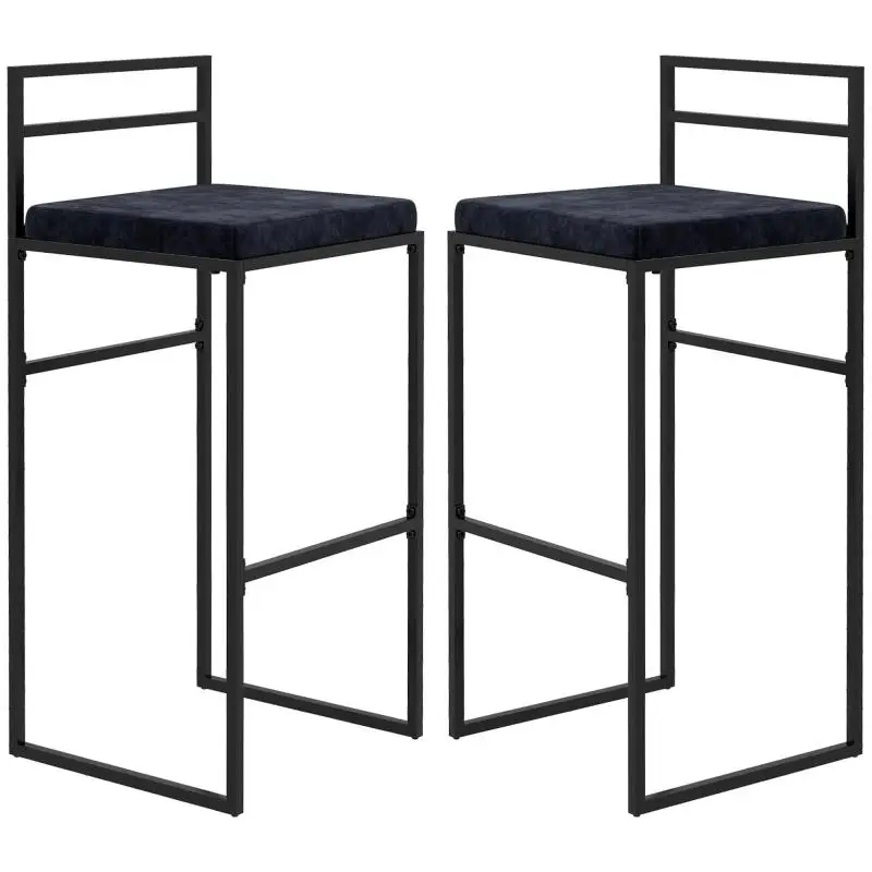 Set of 2 Industrial Bar Stools with Backrest, Footrest, and Padded Seat – Steel and Velvet, Black
