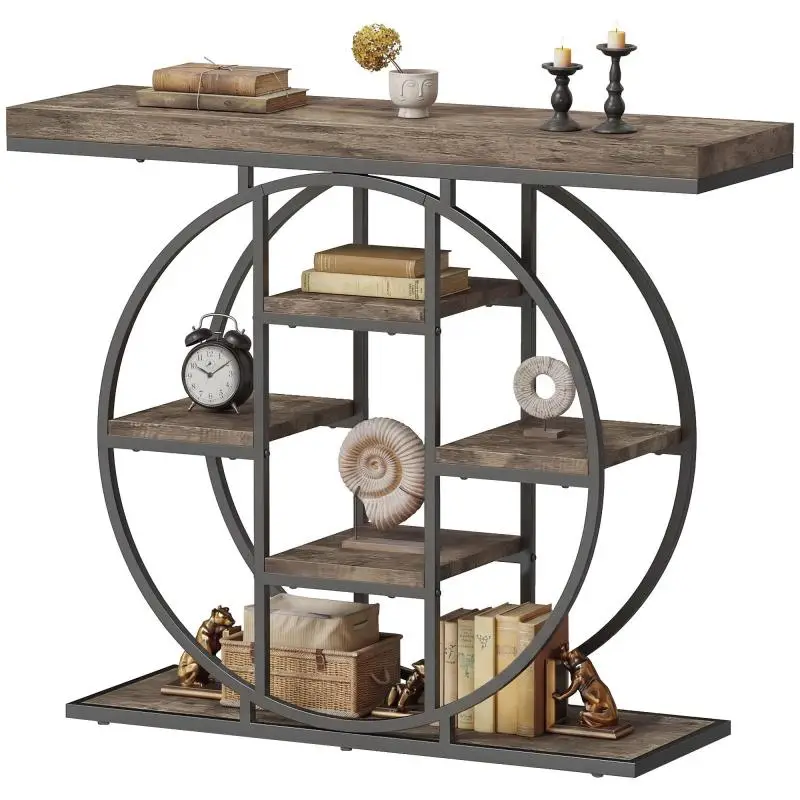 Console Table with 6 Shelves, Rustic Brown