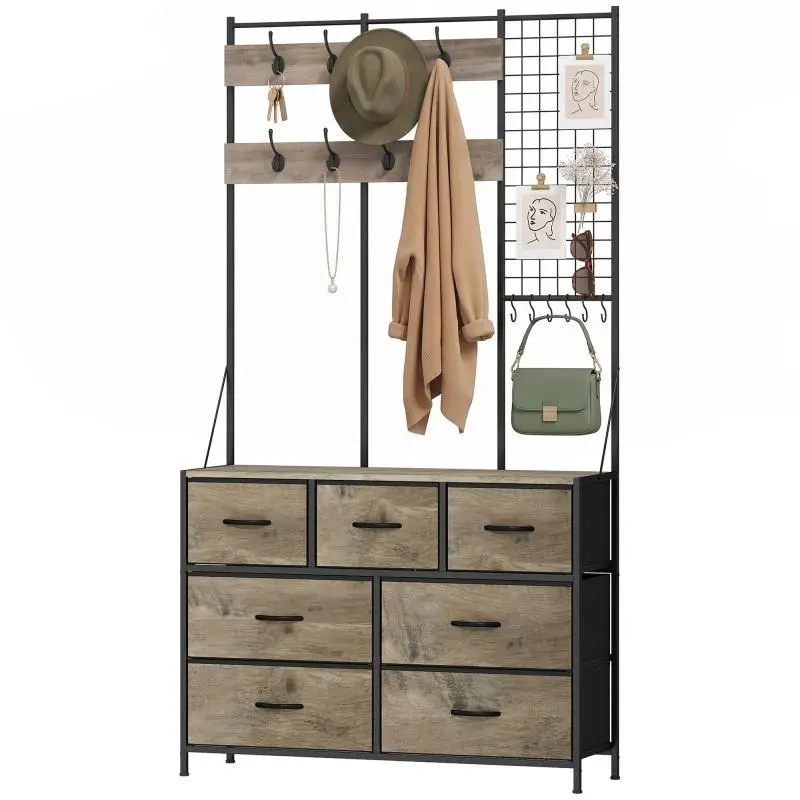 Hallway Coat Rack with 7 Fabric Drawers, Grey