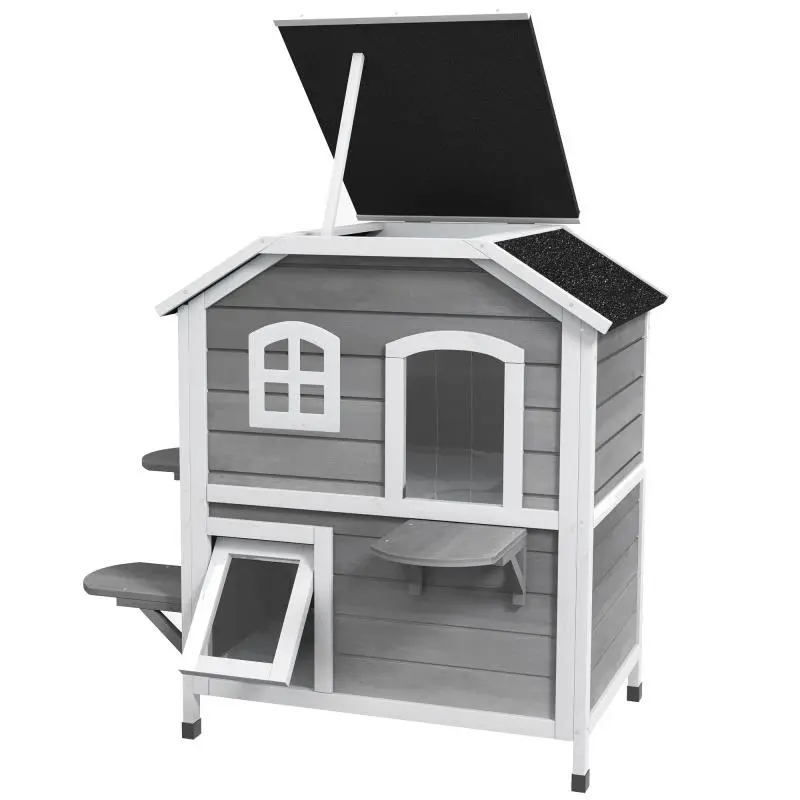 Outdoor Cat House with Two Storeys, Grey