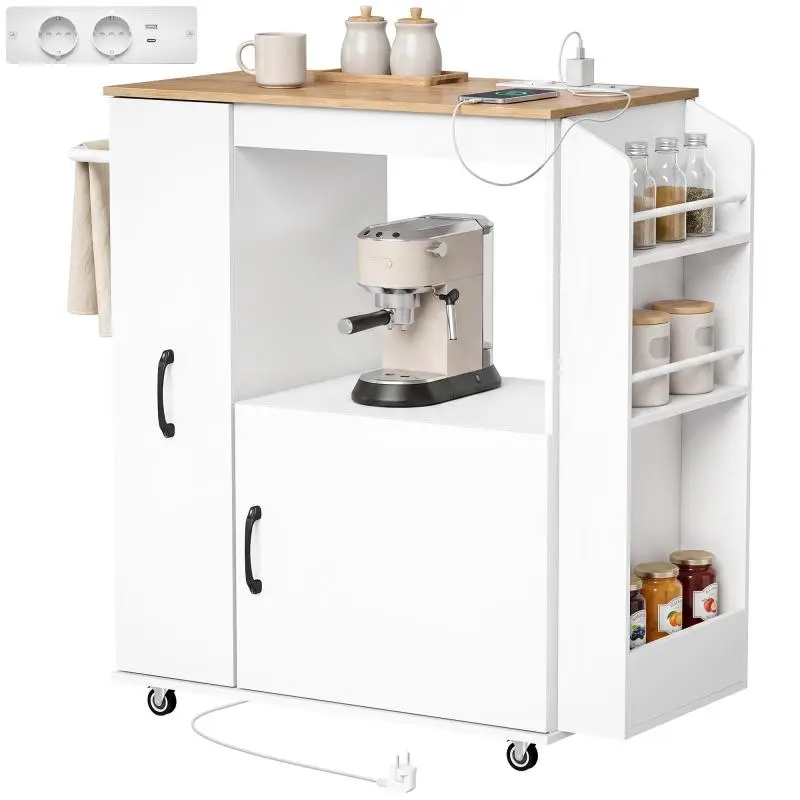 Kitchen Cart with Wheels, Charging Station, Pull-out Storage Cabinet, Spice Rack, and Towel Bar, 80x40x88 cm, White